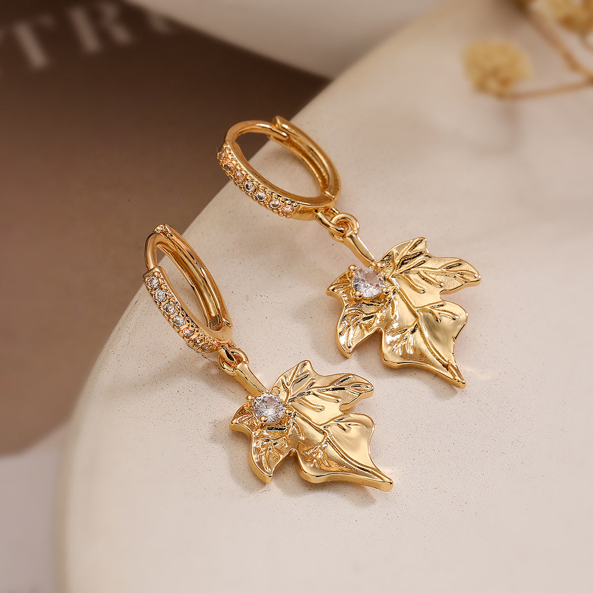 Minimalist Irregular Geometric Leaf Pendant Earrings for Women with Gold Plating and Zircon Inlay