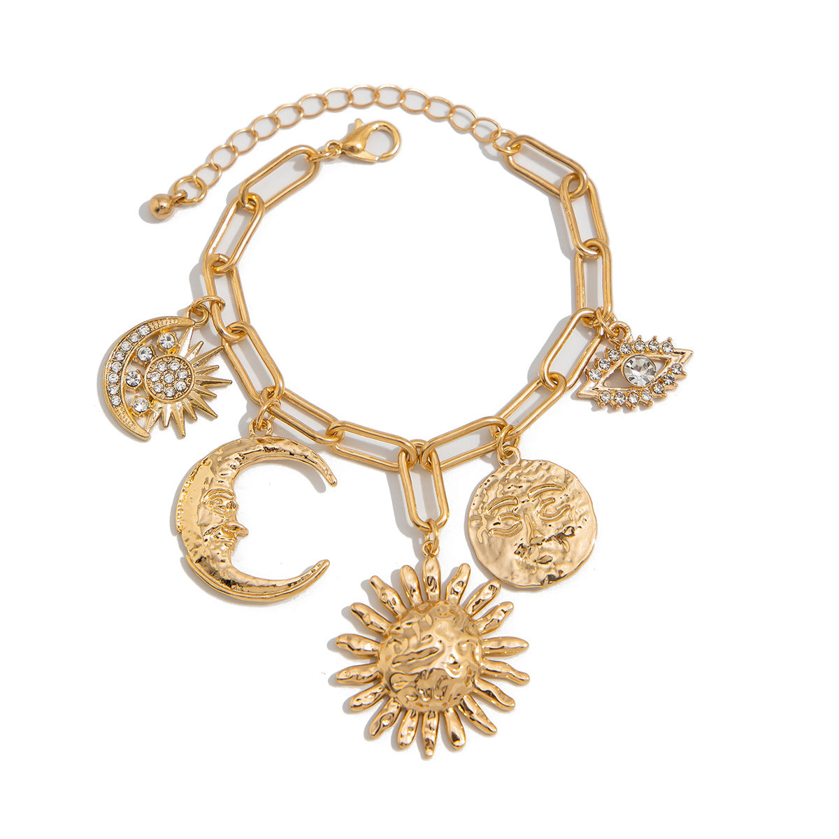 Sweet Punk Moon Heart Rhinestone Plated Matte Alloy Bracelet for Women