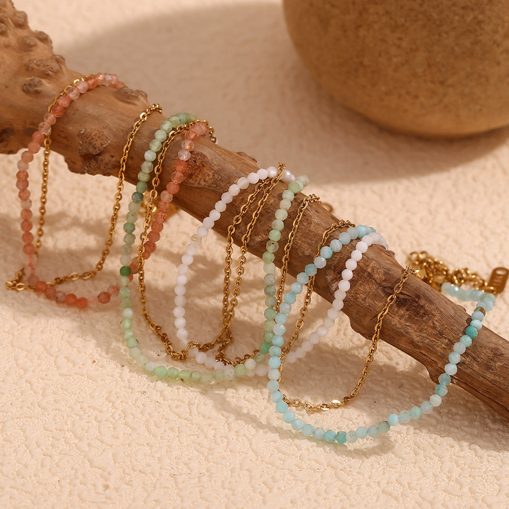 Fashionable Geometric Stainless Steel Plated 18K Gold Double Layer O-Chain Bracelet with Natural Green Australian Opal Beads for Women