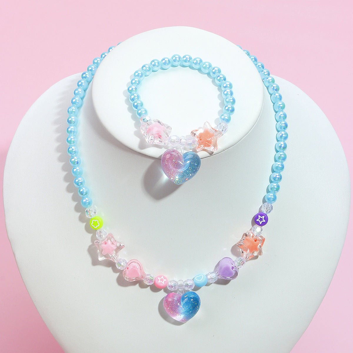 Graziosa collana in resina a forma di cuore per ragazze con catena di perle rotonde, set di gioielli per bambini stile principessa