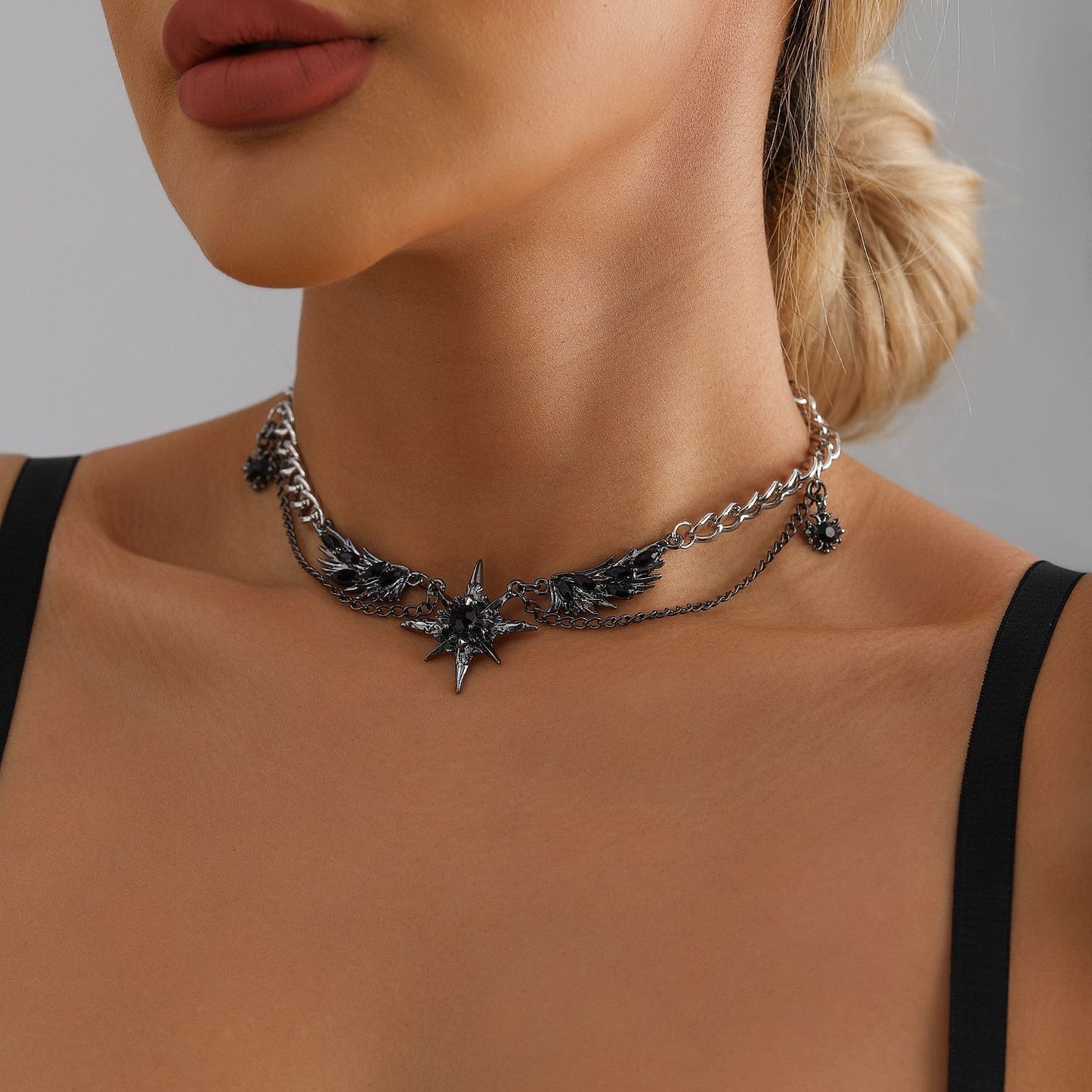 Dark Feminine Wing and Starburst Pendant Necklace for Women in Alloy with Electroplated Finish Geometric Design Clavicle Chain