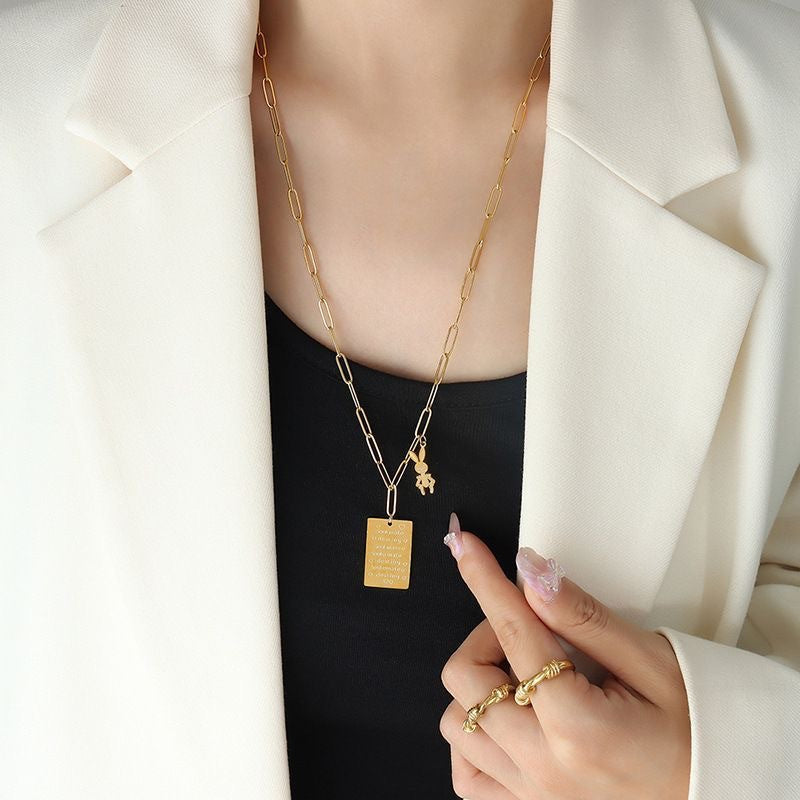 Rectangular Letter Rabbit Titanium Steel Plated Pendant Necklace for Unisex