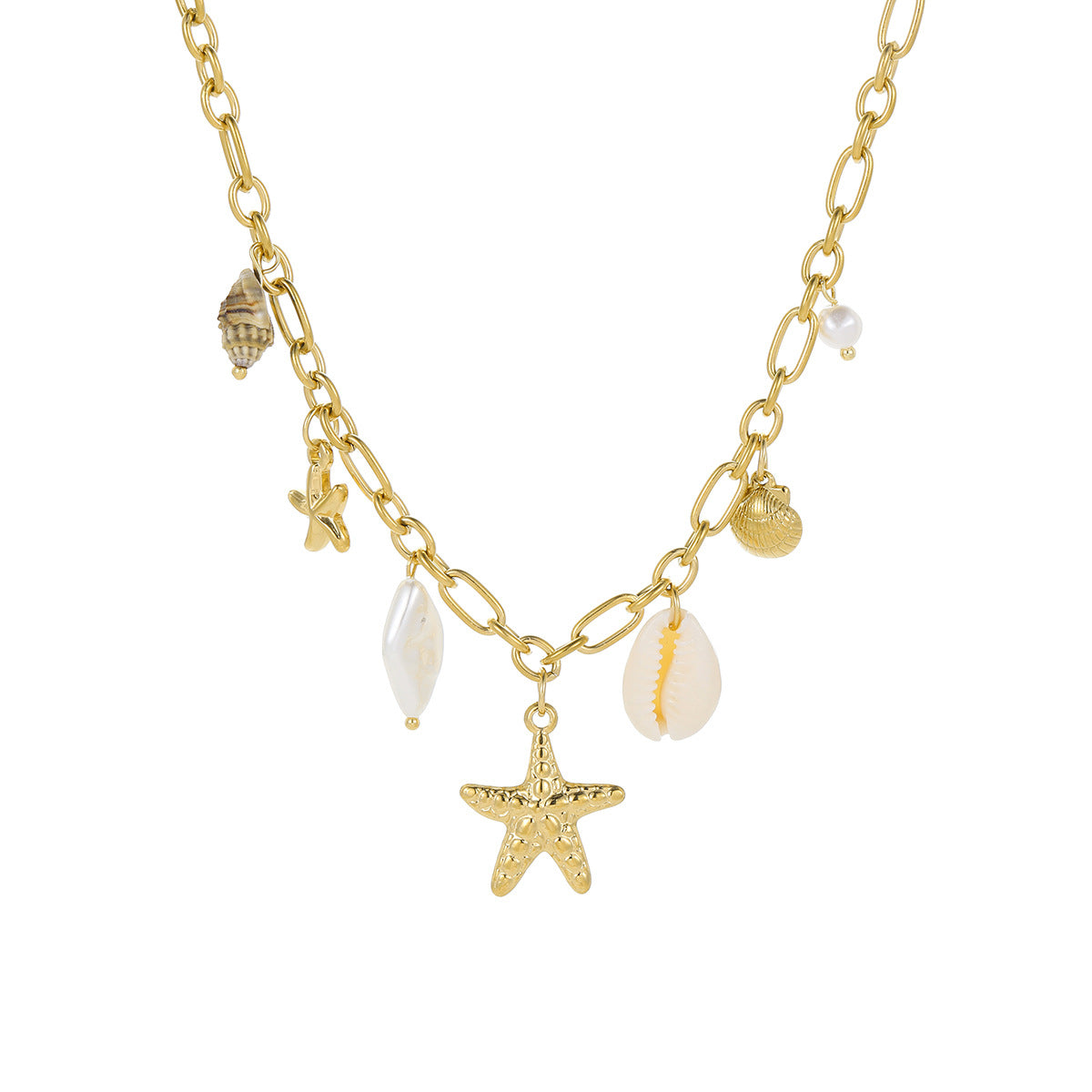Set de collar con colgante minimalista de lujo con estrella de mar y concha con cadena de acero inoxidable para mujer