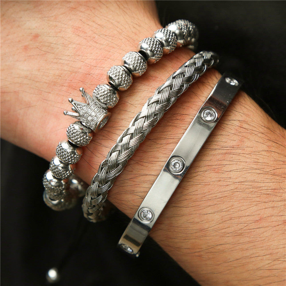 Fashion Commuter Geometric C-Shape Micro-inlay Cubic Zirconia Crown Pineapple Bead Titanium Steel Stainless Steel Bracelet Set for Women