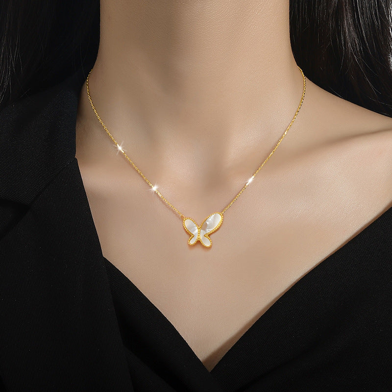 Minimalist Butterfly Pendant Necklace in Titanium Steel with Gold Plating for Women and Men