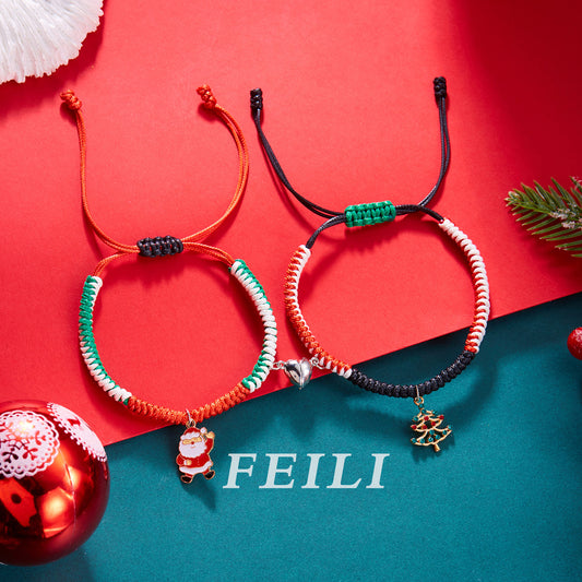 Pulsera magnética ajustable con dijes de Papá Noel y árbol de Navidad, pulsera de aleación tejida a mano para parejas, joyería festiva navideña