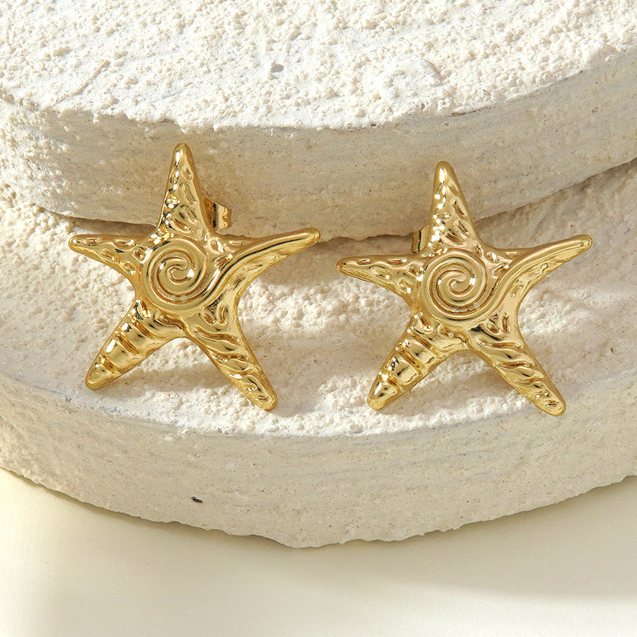 Casual Beach Style Irregular Starfish and Conch Stainless Steel Earrings for Women