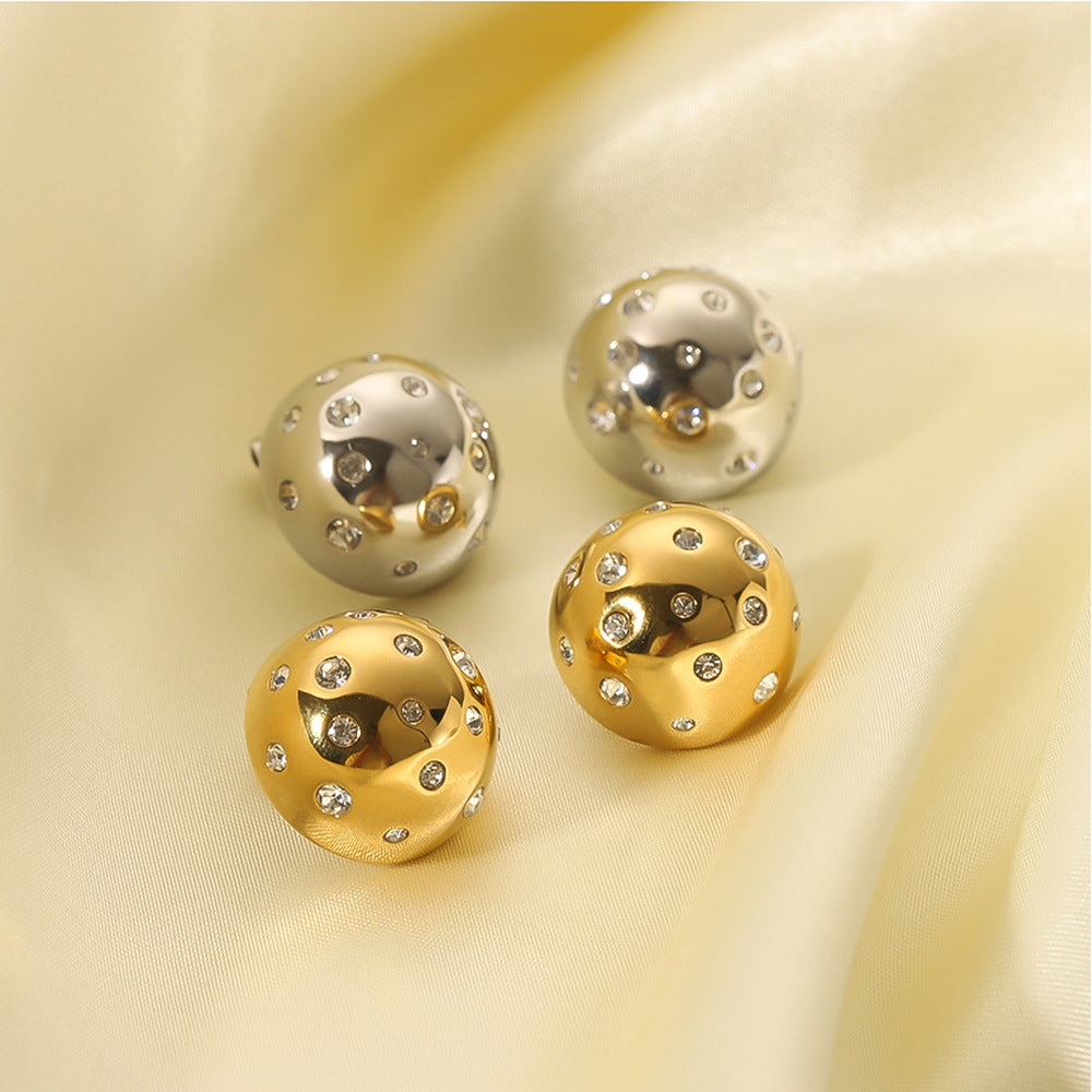 Orecchini minimalisti geometrici a sfera in acciaio al titanio da donna con intarsio in strass e placcatura in oro 18 carati