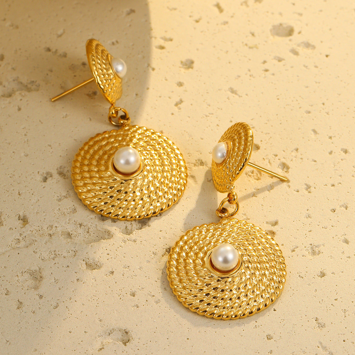 Fashionable French-Inspired Geometric Earrings with Pearl Inlay, 18K Gold-Plated Stainless Steel Studs for Women