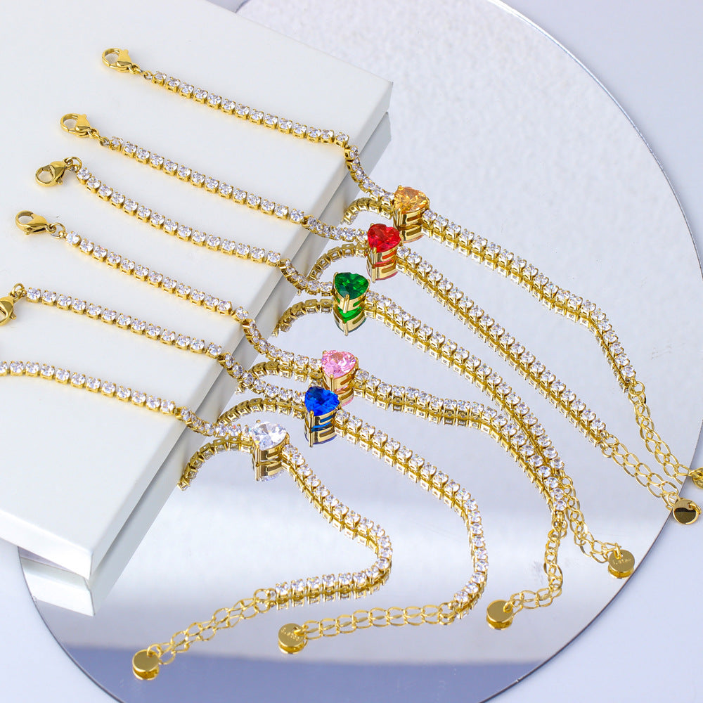 Fashionable Heart-Shaped Titanium Steel Bracelet with 18K Gold Plating and Colorful Zircon for Women