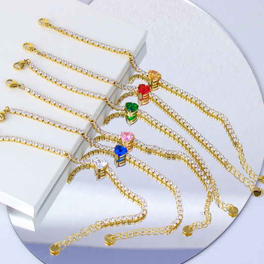 Elegante pulsera de acero de titanio con forma de corazón, chapada en oro de 18 quilates y circonitas de colores para mujer