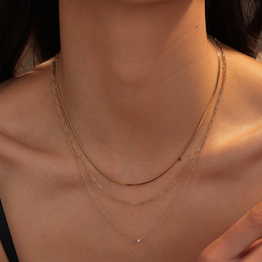 Minimalist Geometric Titanium Steel Necklace with Zircon Inlay for Women, Plated Clavicle Chain