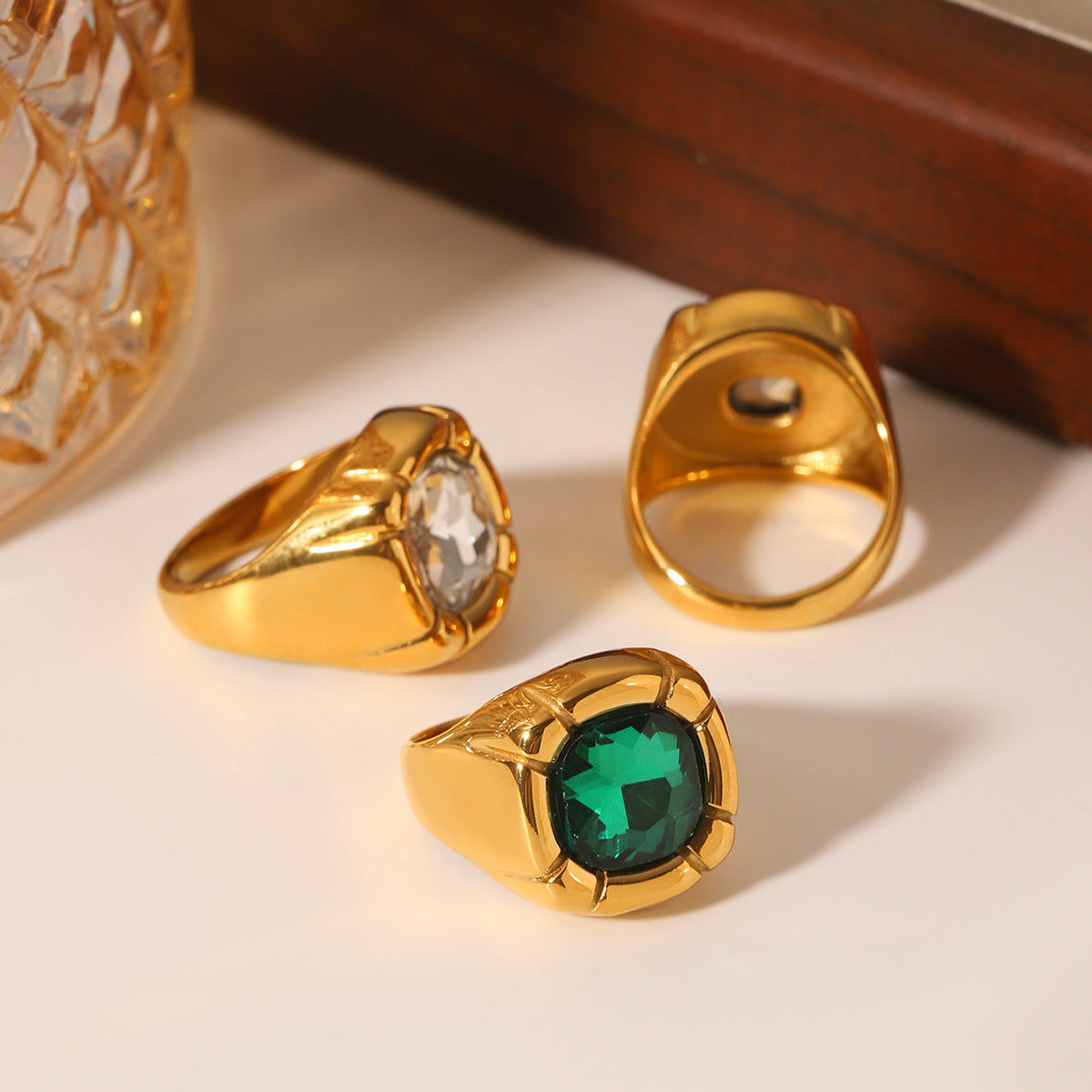 Ins Style Geometric 18K Gold Plated Stainless Steel Ring with Cubic Zirconia for Women