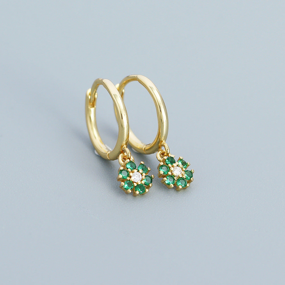 Minimalist Floral Geometric Earrings in 925 Sterling Silver with Blue Zircon Inlay
