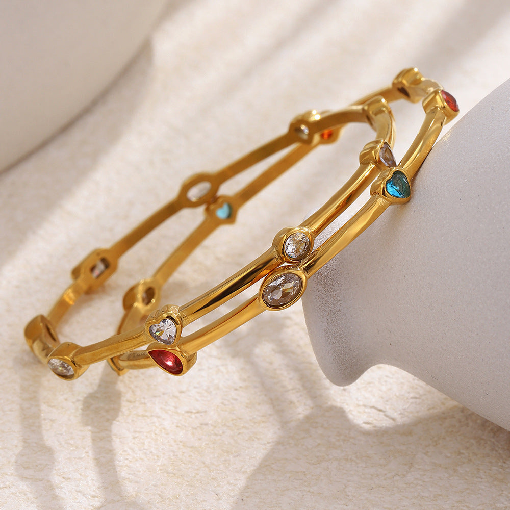 Elegant 18K Gold Plated Stainless Steel Heart Geometric Cubic Zirconia Line Bracelet for Women