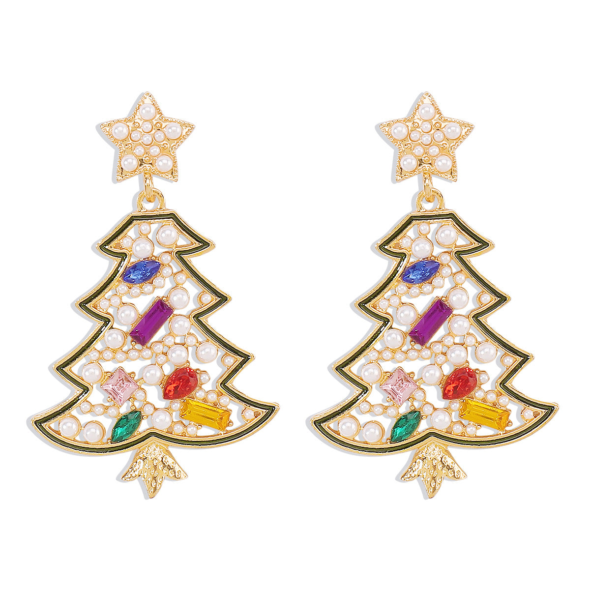 Pendientes geométricos de aleación, dulces y atrevidos, con incrustaciones de pedrería y diseño de árbol de Navidad y estrella para mujer