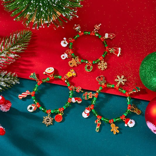 Pulsera de cristal para mujer, diseño de Papá Noel, reno, copo de nieve, aleación hecha a mano, joyería para vacaciones de Navidad