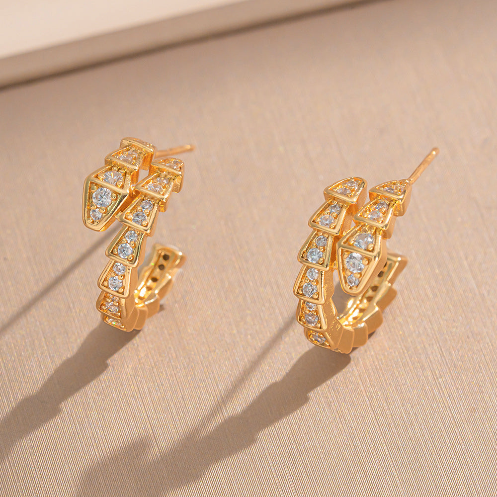 Orecchini di lusso minimalisti in rame a forma di serpente con intarsi in zircone, set di gioielli di moda regolabili per donne e uomini