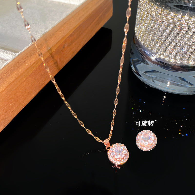 Sweet Sporty Rotatable Cubic Zirconia Floral Titanium Steel Necklace for Women