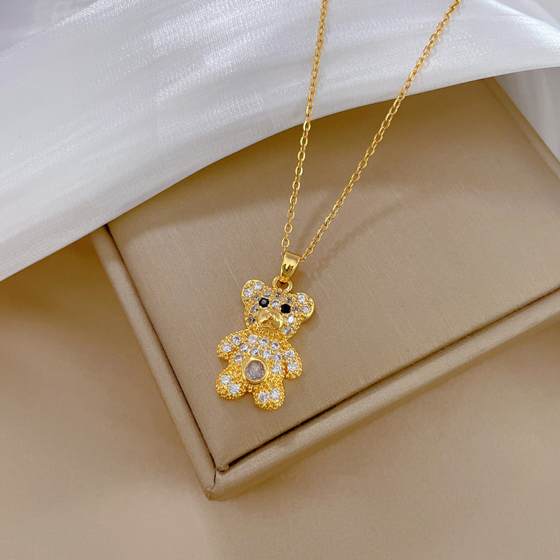 Collar con colgante de oso minimalista para hombre y mujer en acero de titanio con incrustaciones de diamantes de imitación en cadena tipo serpiente