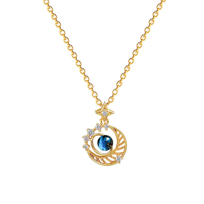 Collar con colgante de estrella y luna estilo dibujo animado de acero de titanio con incrustaciones de diamantes de imitación para mujeres y hombres