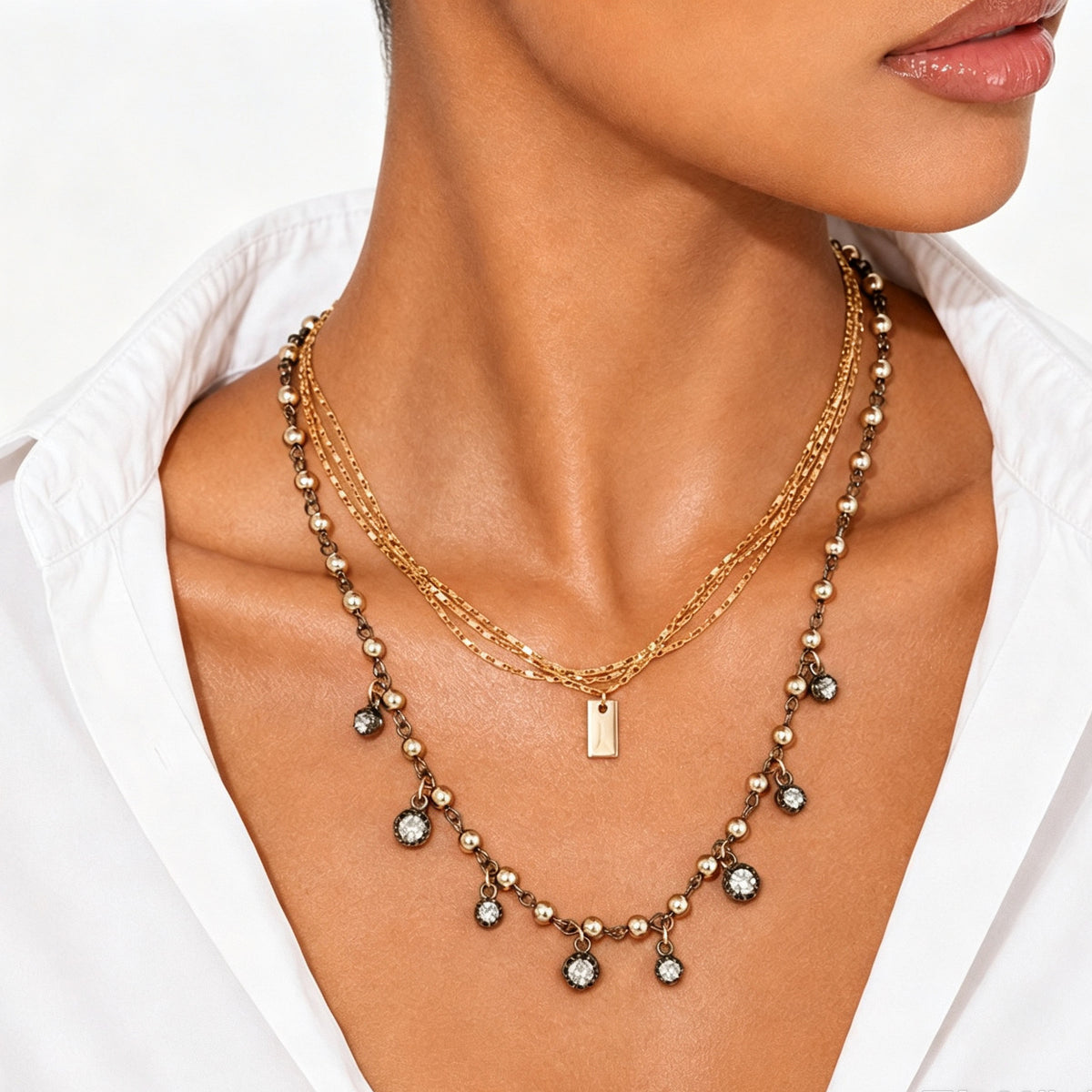 Minimalist Geometric Square Pendant Rhinestone Inlay Plated Alloy Necklace DIY Cable Chain Charm Bar for Women