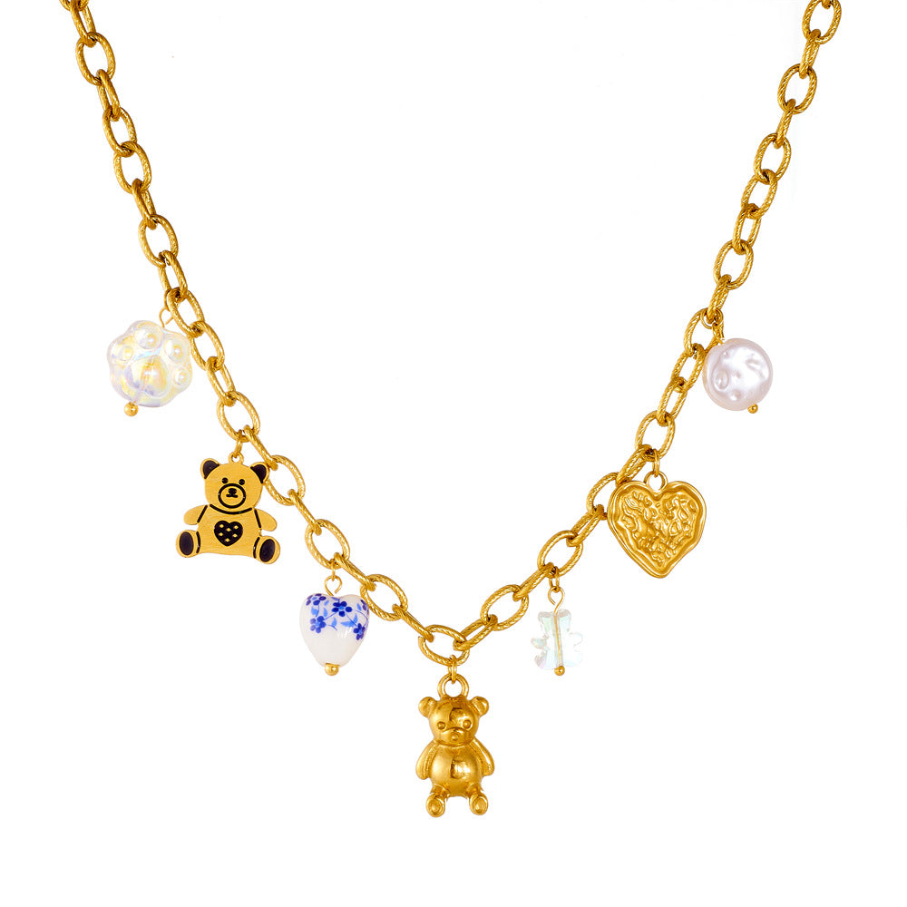 Chic Cartoon Animal Bear Gold Plated Stainless Steel Necklace with Cable Chain for Women