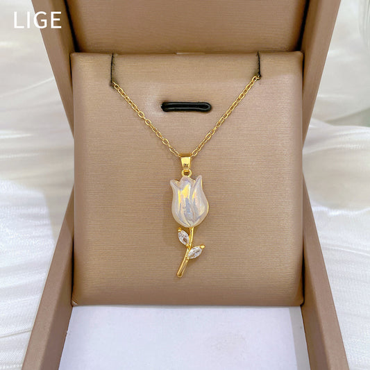 Luxury Sweet Geometric Mermaid Rose Necklace for Women and Men Titanium Steel Chain with Rhinestone Inlay