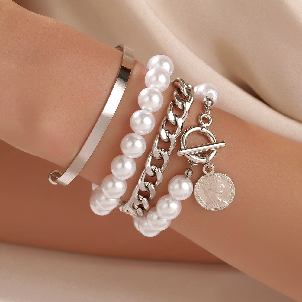 Sweet Streetwear Alloy Plated Letter Cuban Link Chain Bracelet with Imitation Pearl for Women
