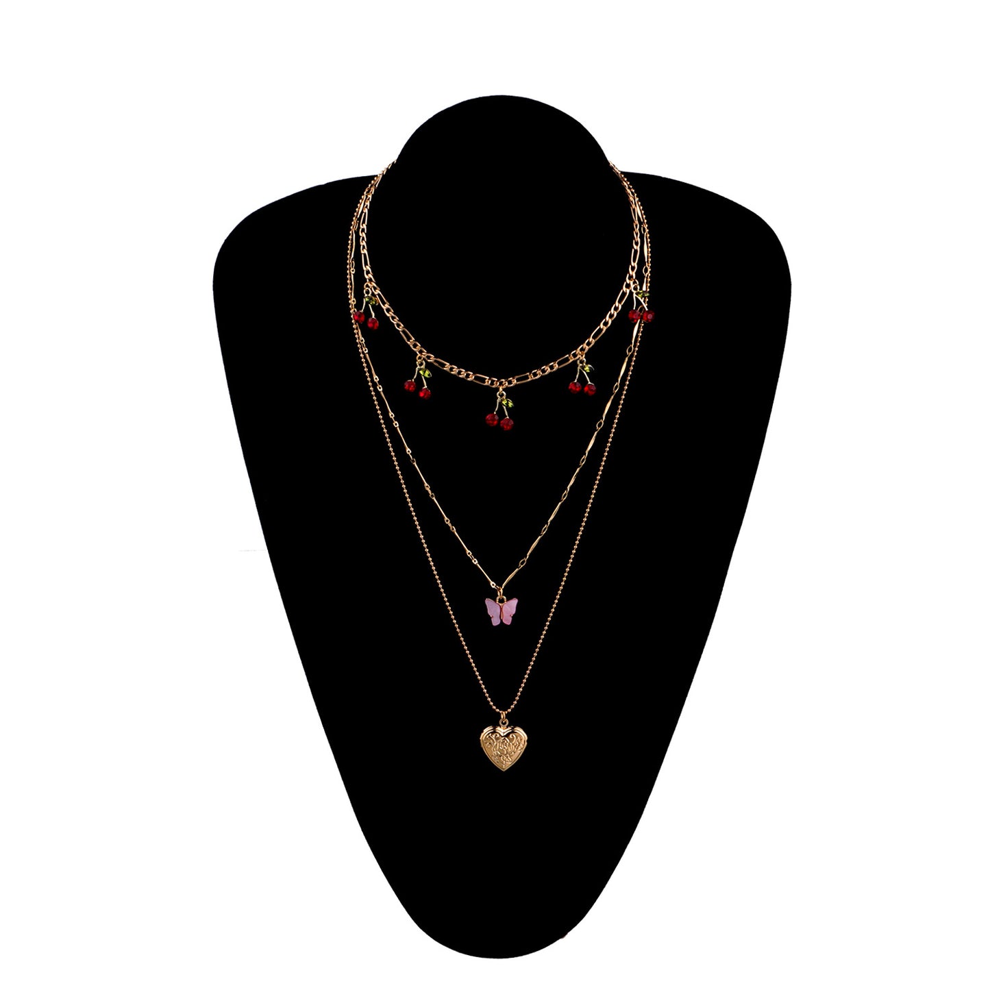 Collana con ciondolo a cuore ciliegia rossa con coperchio apribile, ciondolo a farfalla rosa multistrato, gioielli da donna con catena a croce placcata in lega