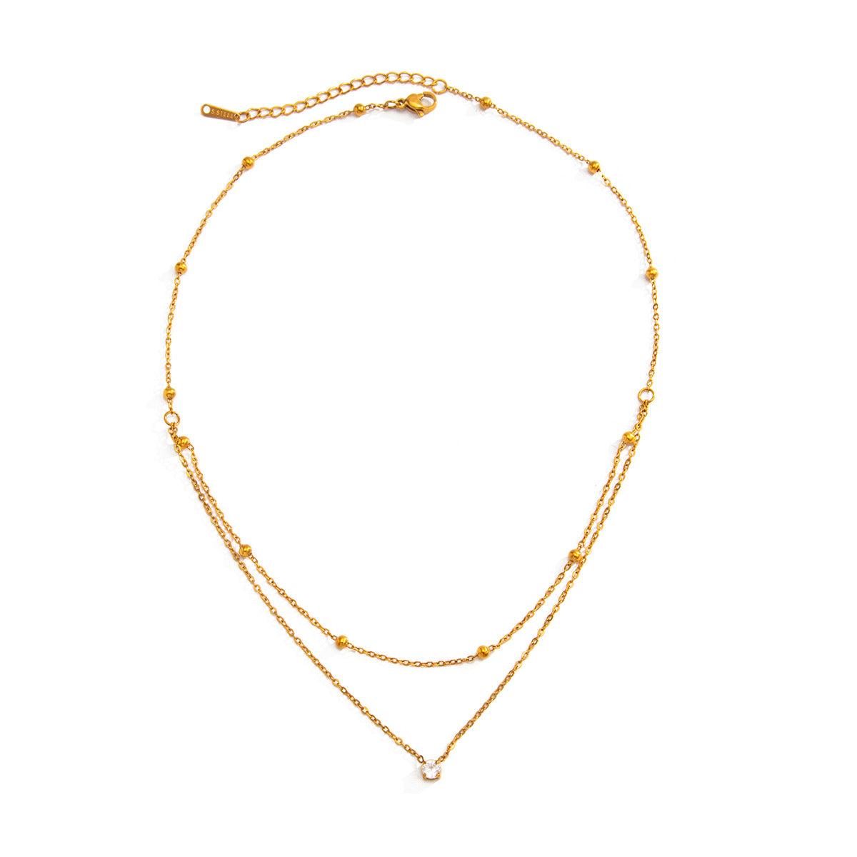 Luxury Geometric Stainless Steel Pendant Necklace with Cubic Zirconia Inlay PVD Plated Double Layer Chain for Women