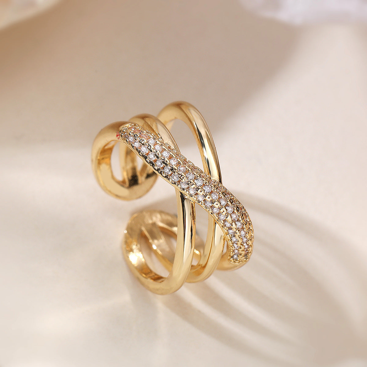 Minimalist Geometric Hollow-Out Open Ring for Women in Brass with 18K Gold Plating and Zircon Inlay
