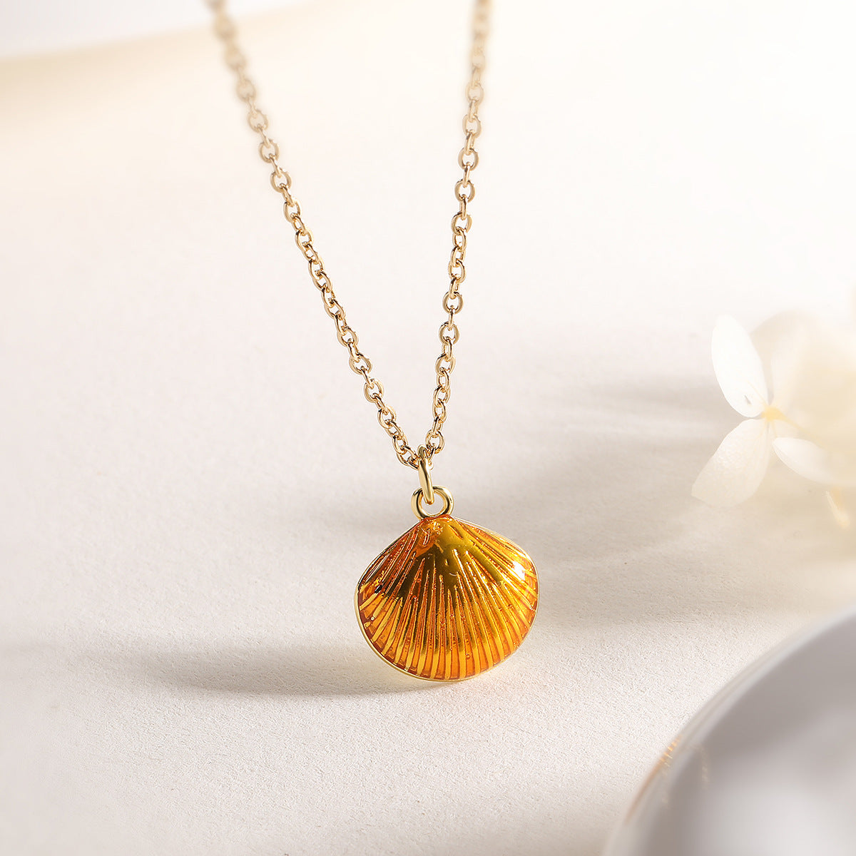 Minimalist Irregular Geometric Shell Pendant Necklace for Women with Copper Base and 18K Gold Plating and Enamel Finish