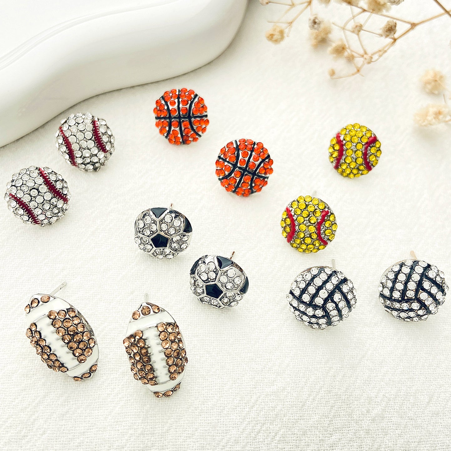 Geometric Round Rhinestone Inlaid Alloy Sports Ball Stud Earrings for Unisex