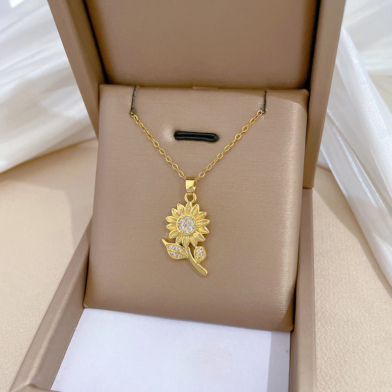Minimalist Sunflower Pendant Necklace for Women with Zircon Inlay on Titanium Steel Chain