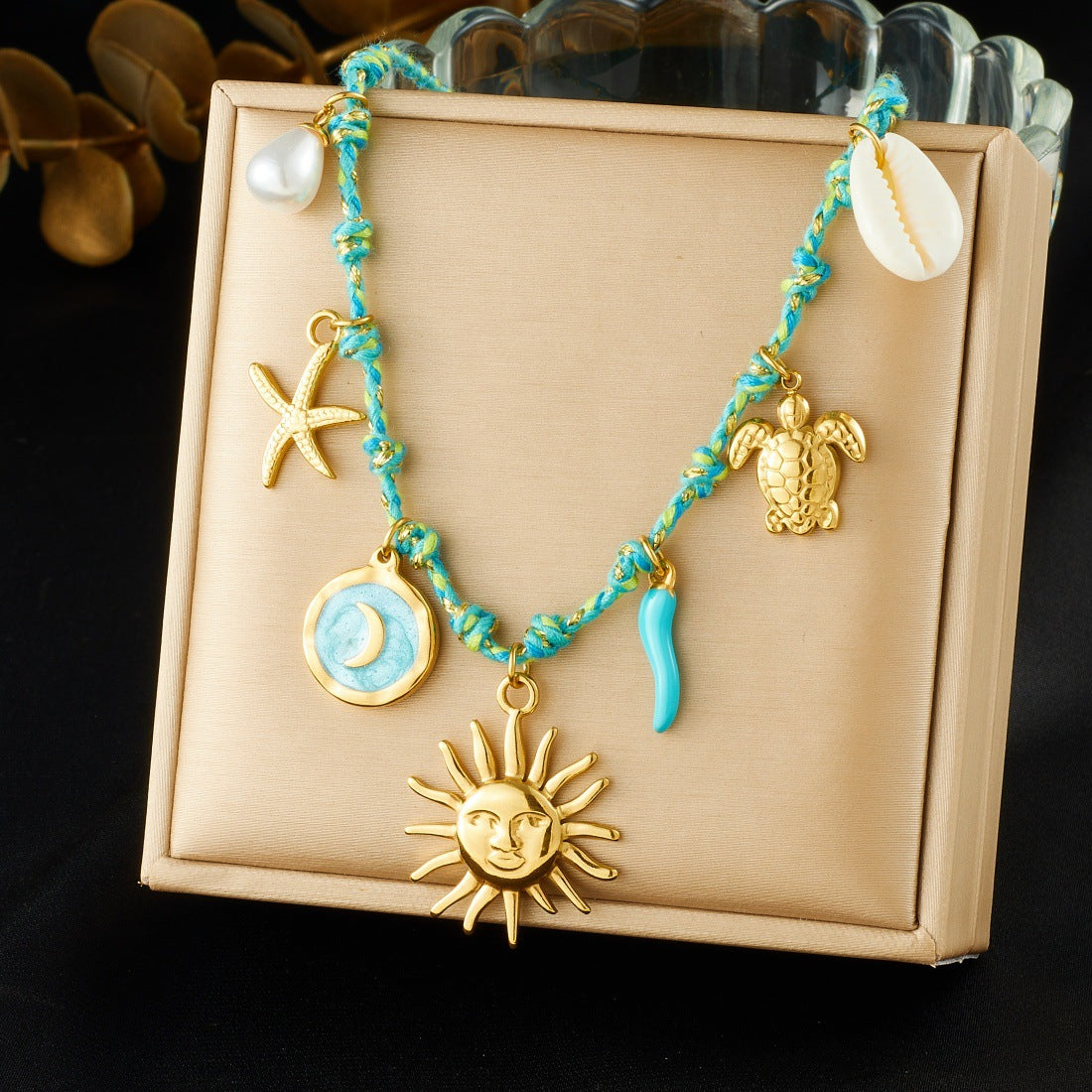 Sweet Gold Plated Drip Oil Round Star Moon Face Turtle Sea Star Pendant Necklace for Women