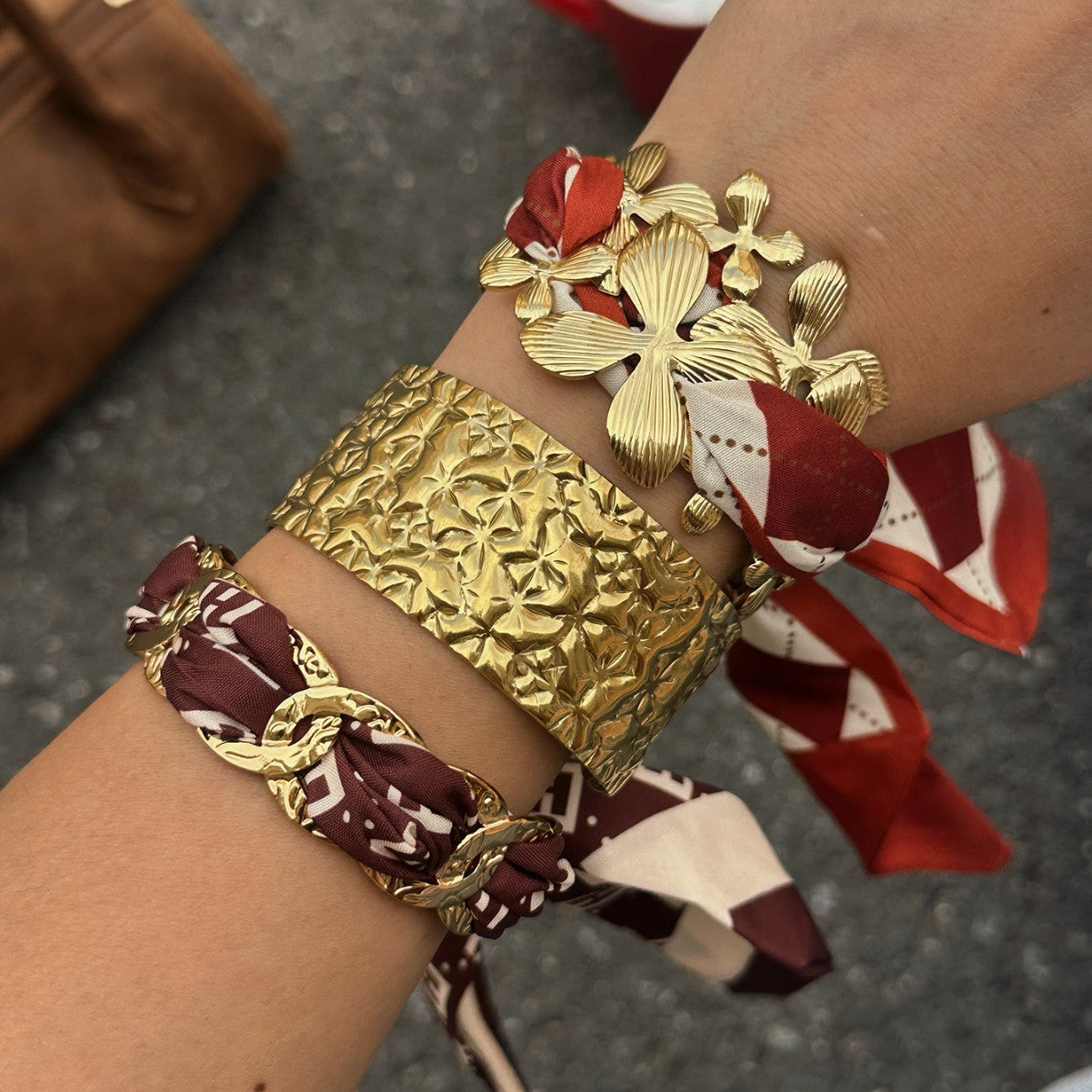 Fashion Irregular Plated Stainless Steel Fabric Wrap Open Cuff Bracelet for Women