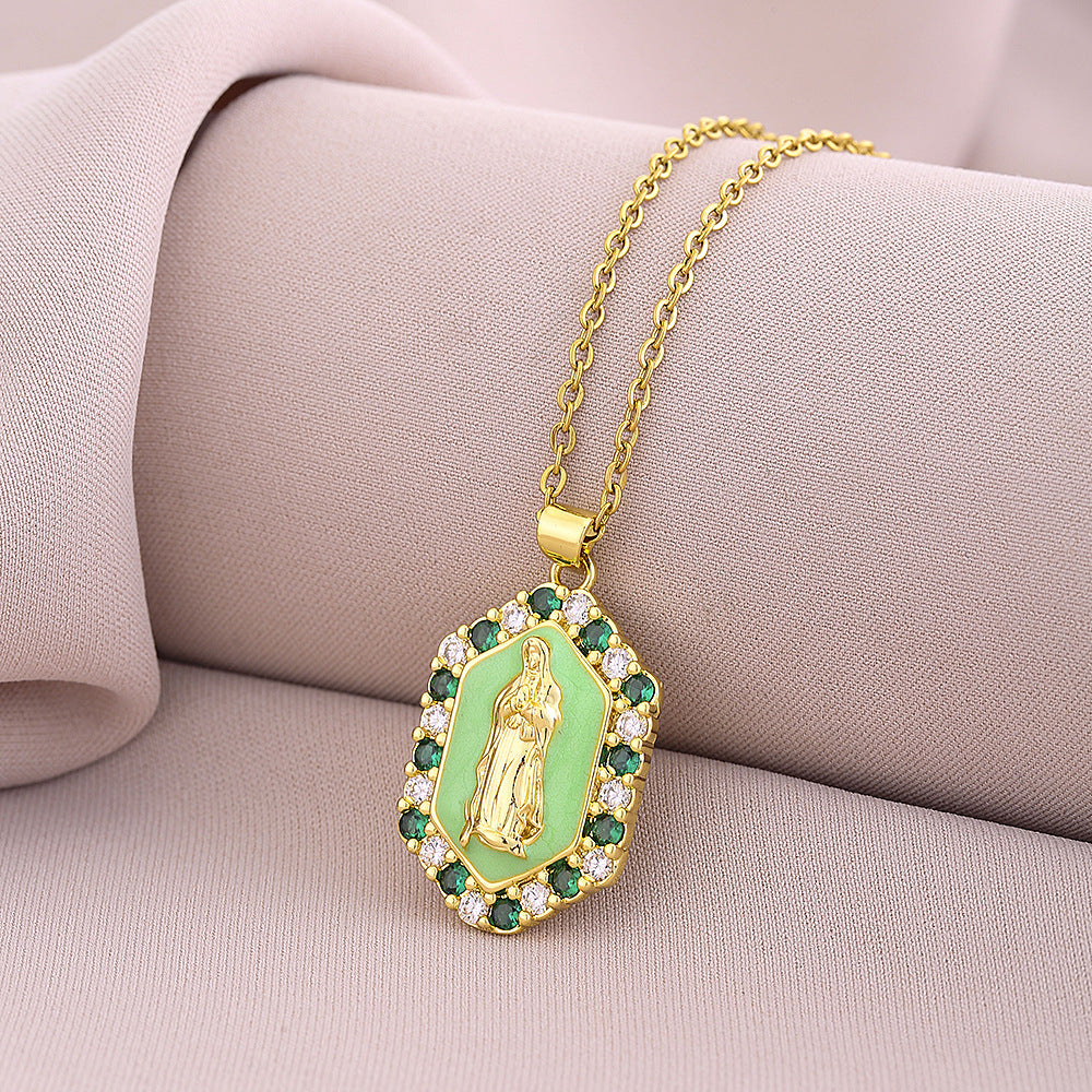 Collana con Pendente Vintage in Smalto e Zirconia dalla Forma Geometrica con Catena a Maglie per Unisex