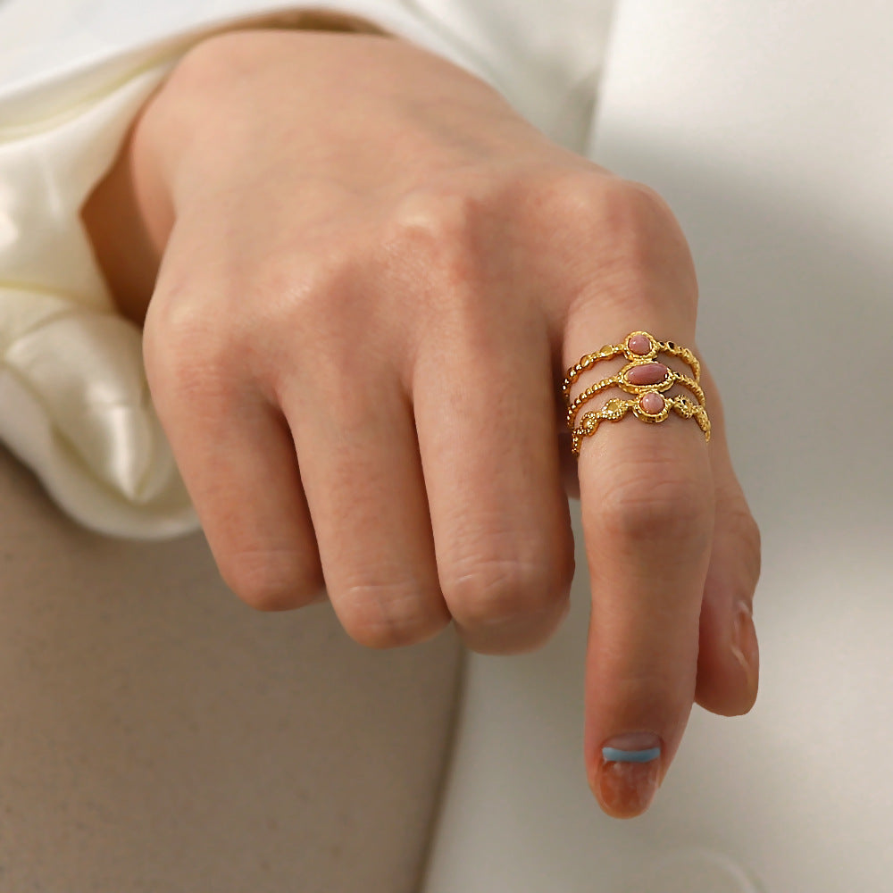 Anillo de dedo ajustable de acero inoxidable rosa, geométrico, minimalista, con incrustaciones de gemas para mujer