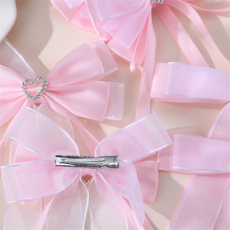 Natural Style Double-Layer Bow Hair Clip for Girls with Pink Lace, Tassel, Heart Shape, Rhinestone Accents and Ribbon Detail