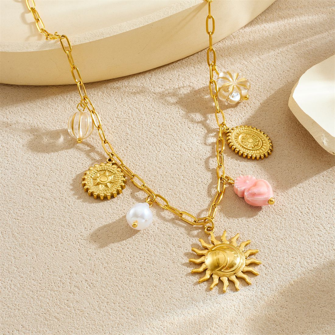 Vintage Elegant Stainless Steel Plated Round Heart Star Moon Pendant Necklace and Bracelet Set for Women with Curb Chain