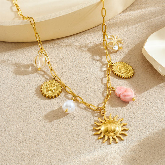 Vintage Elegant Stainless Steel Plated Round Heart Star Moon Pendant Necklace and Bracelet Set for Women with Curb Chain