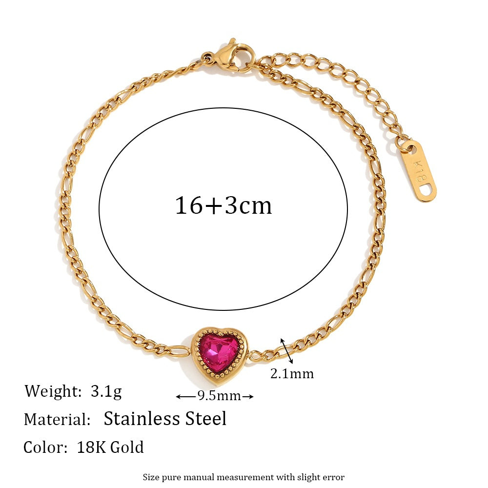 Fashionable Minimalist Heart-Shaped Stainless Steel Plated 18K Gold Figaro Bracelet for Women