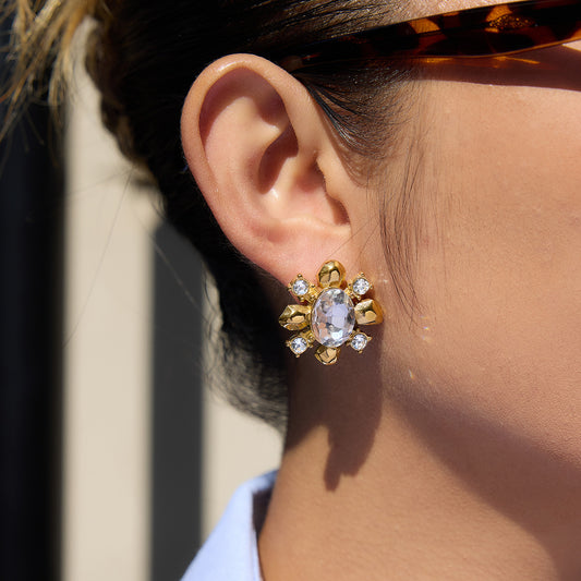 Orecchini geometrici in acciaio inossidabile con zirconi placcati oro PVD per donna, orecchini a lobo di lusso alla moda minimalista