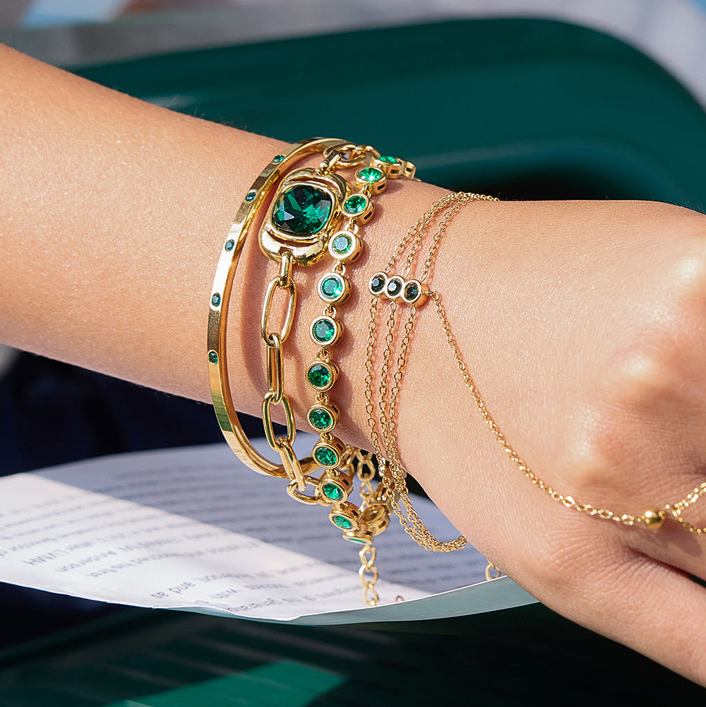 Elegant Geometric Stainless Steel Green Cubic Zirconia Link Ring Bracelet for Women