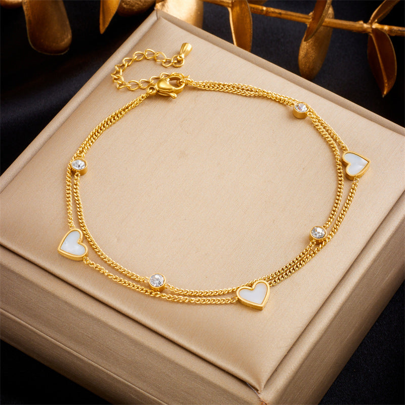 Minimalist Heart-Shaped Titanium Steel Anklet with Black and White Enamel Accents for Women