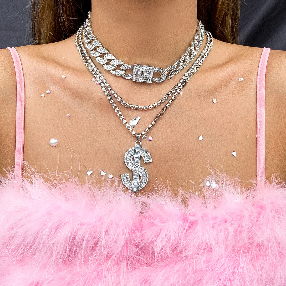 Punk Vintage Hip-hop Rhinestone Letter Pendant Alloy Cuban Link Chain Necklace for Women