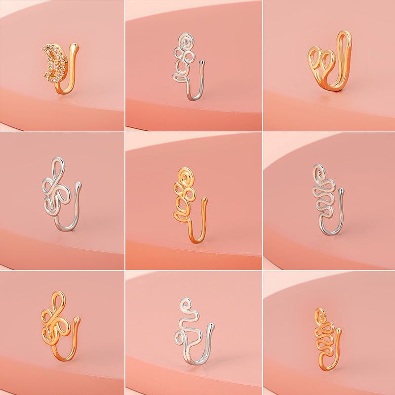 Clip per il naso a forma di U con stella e cuore placcata in rame vintage con zirconia cubica
