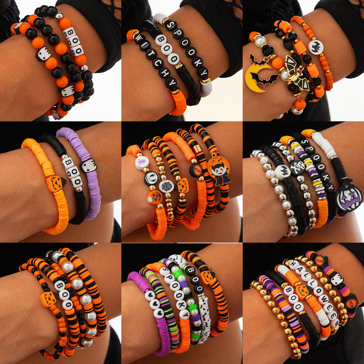 Dark Gothic Skull and Pumpkin Bracelet Set with Alloy Beads, Spider and Insect Motifs, Electroplated Finish for Women