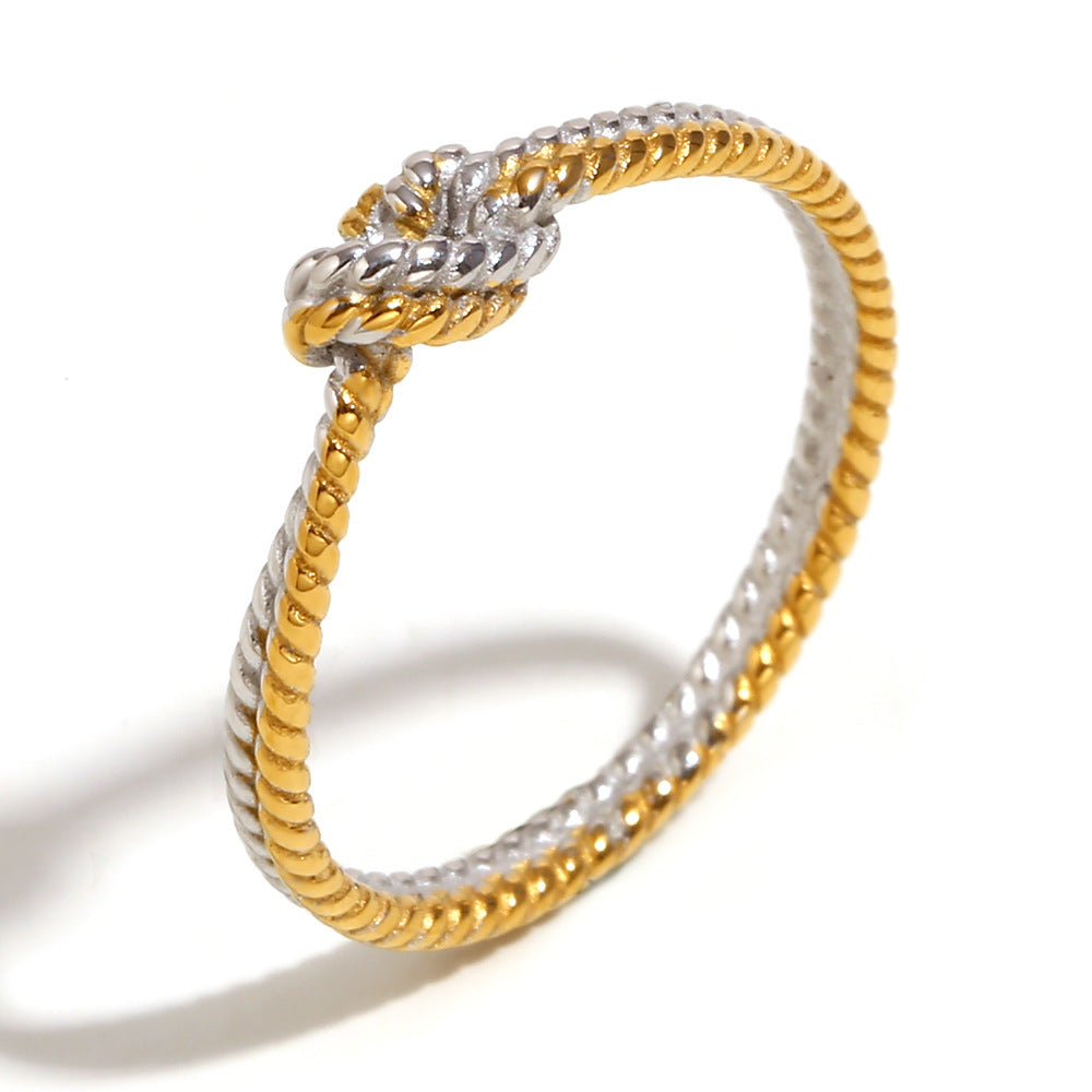 Minimalist Geometric Two-Tone Knotted Twist Ring in Stainless Steel with 18K Gold Plating for Women